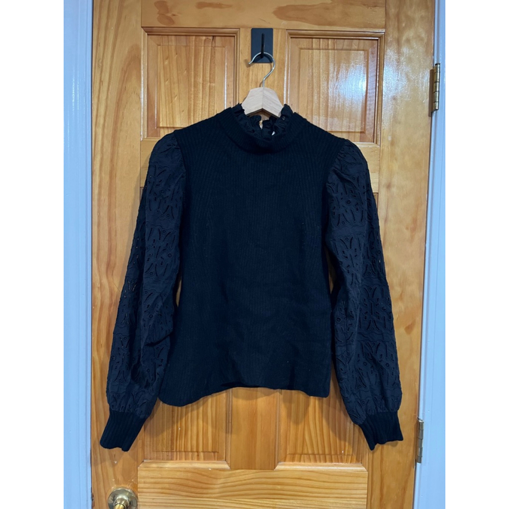 Sea NY Iris Eyelet Black Peasant Balloon Sleeve Wool Cotton Mock Neck Sweater